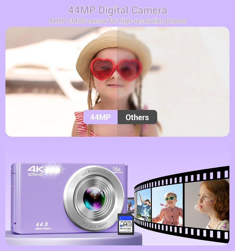 ceye Digital Camera, 2026 Upgraded FHD 4K Camera Digital with 16X Zoom, Small Portable Camera with 64GB Memory Card 2 Batteries, Compact Travel Digital Camera for Beginners Students Boys Girls - Image 3